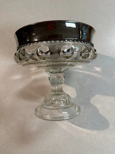 Vintage Clear Glass Footed Compote Bowl with Silver Overlay Rim