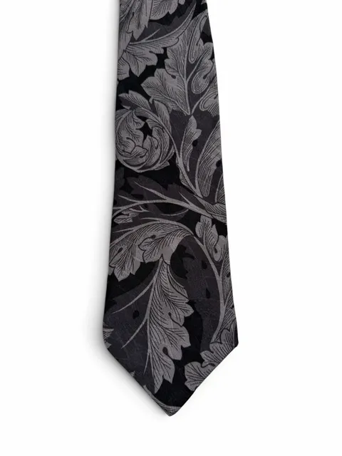 Canali Milano Silk Tie Gray Black Floral Leaf Pattern
