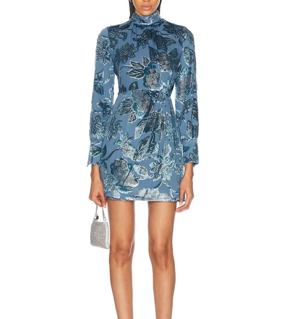 SIMKHAI Halen Mini Dress Size 2 Blue Celestial Velvet Floral Mock Neck
