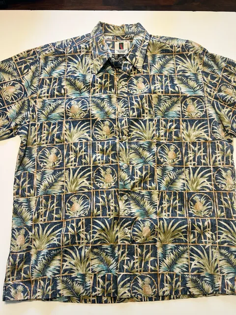 Tori Richard Hawaiian Shirt Size XL Blue Pineapple Bamboo Print Made in USA
