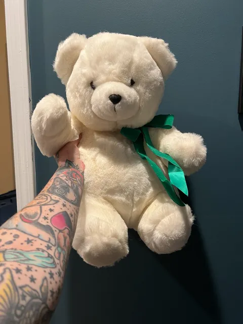 Vintage Plush White Teddy Bear Stuffed Animal with Green Ribbon