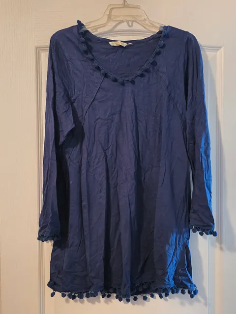Anandas Collection Pom Pom Tunic Top Size 3XL Bavy Blue Cotton Long Sleeve