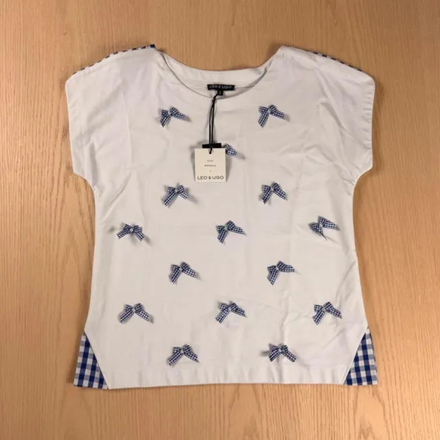 Leo & Ugo Gingham Bow T-Shirt Size 2 White Blue New With Tags