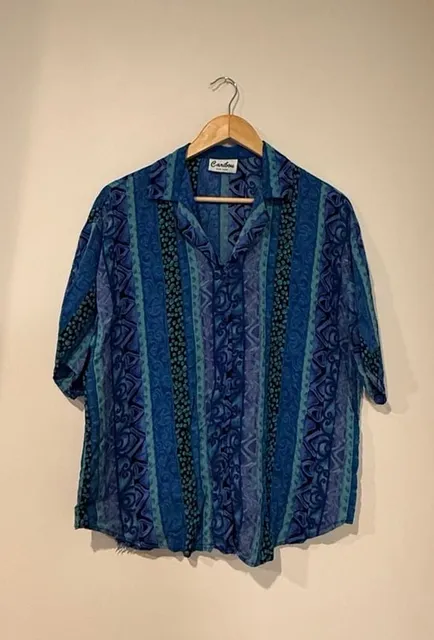 Caribou Button Down Shirt Blue Geometric Vintage 90s
