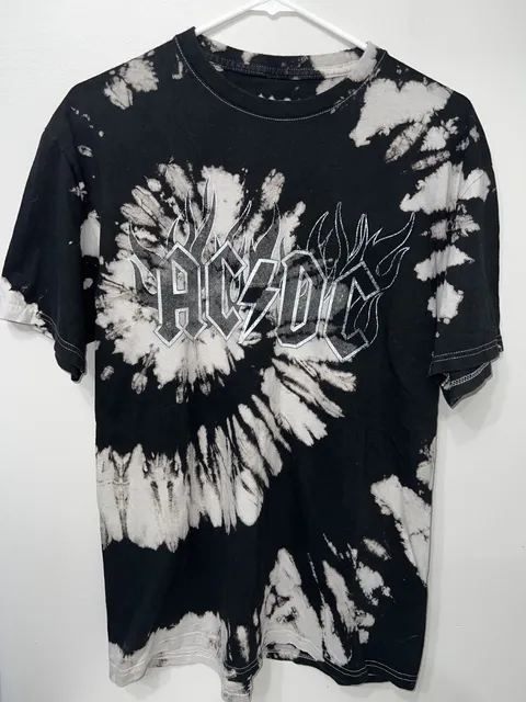 AC/DC Band T-Shirt Size L Black Off-White Tie Dye Bleach Swirl Flame Logo