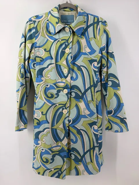Nine West S/P Mod Swirl Print Trench Coat Blue Green Y2K Pucci Style