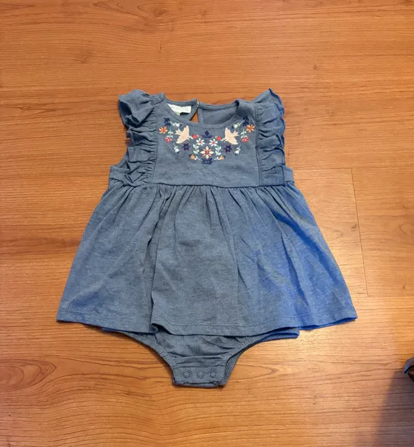 Wanderling Girl Sunsuit Size 18M Blue Floral Embroidered Ruffle