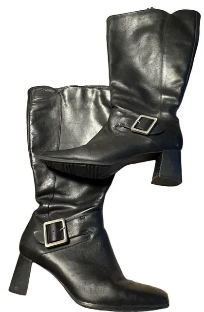 Sassy Naturalizer Black Leather Knee High Heeled Boots with Buckle Size 7.5W