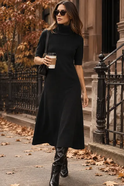 Lauren Ralph Lauren Silk Cashmere Turtleneck Midi Dress XS Black