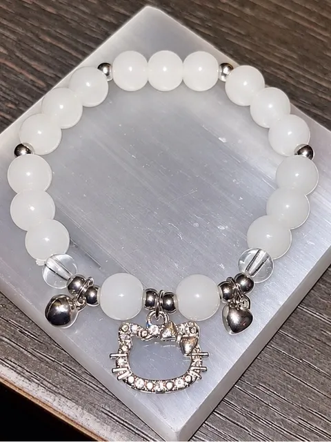 🤍 CHALCEDONY HELLO KITTY BRACELET STRETCHY BRACELET W/RHINESTONES AND BELLS 🩶