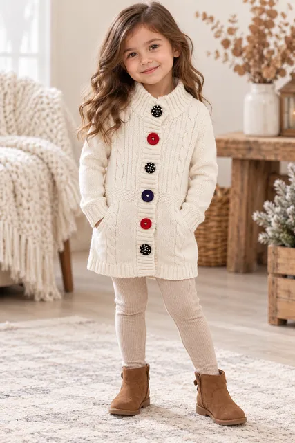 Gymboree Cable Knit Sweater Coat Size XS (3-4) Off White Multi Buttons