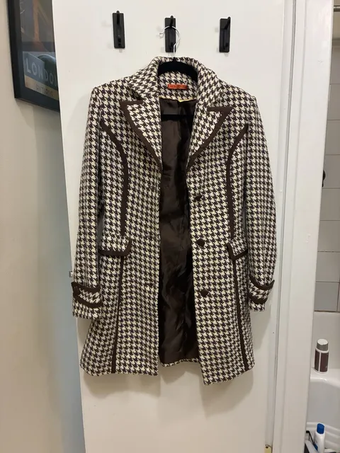 Barami Vintage Y2K Houndstooth Coat Size 2 Brown White Wool Blend