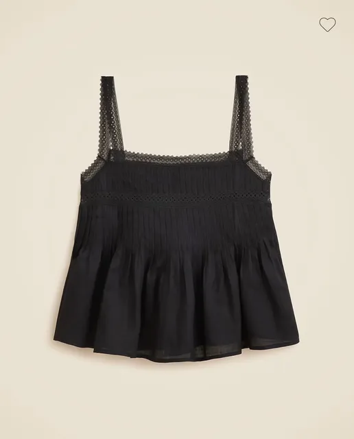 J.Crew Pintuck Tank Top Size S Black Lace Trim Ramie