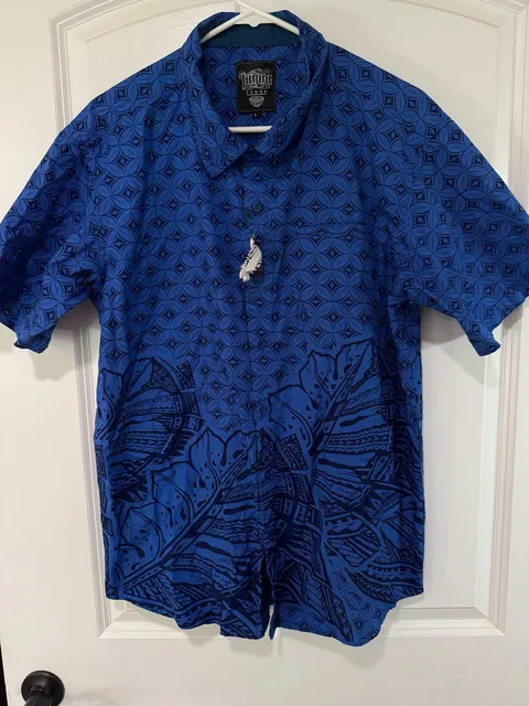Tanoa Samoa Blue Polynesian Tribal Tropical Aloha Shirt Men’s Size L NWT