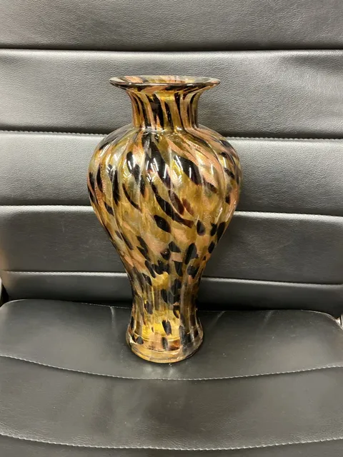 Art Glass Vase Brown Leopard Animal Print Murano Style Fluted 13 Inches