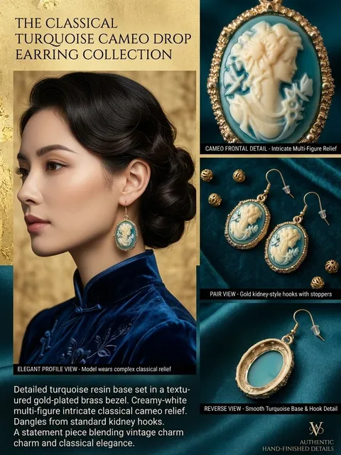 Turquoise Cameo Drop Earrings Gold-Plated Brass Classical Design