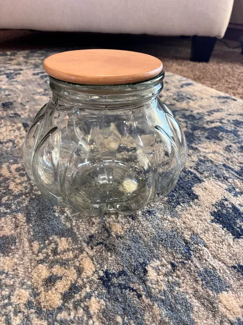 Vintage green tinted Glass Pumpkin Jar Storage Container with Wooden Lid