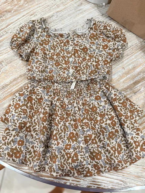 Rylee + Cru Floral Skirt & Top Size 2-3Y Brown Viscose Smocked Short Sleeve