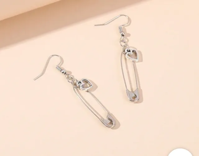 Heart Safety Pin Dangle Earrings Silver Tone