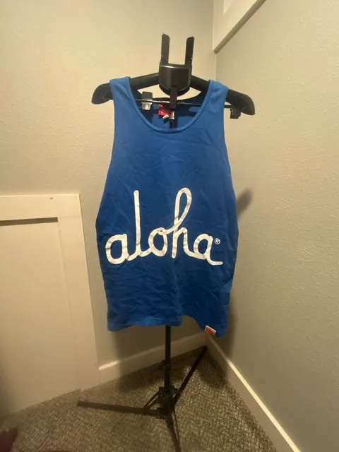 Aloha Army Tank Top Size Large Blue Script Logo Hawaiian Flag