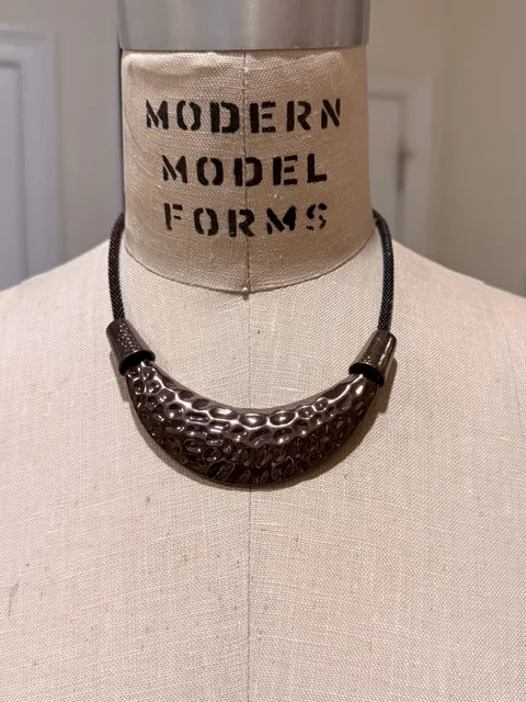 Vintage Hammered Crescent Bib Statement Necklace Deep Bronze Tone