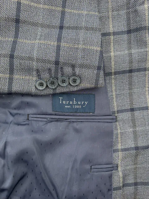 Turnbury Blazer Sport Coat Plaid Blue Gray Structured Jacket 46R