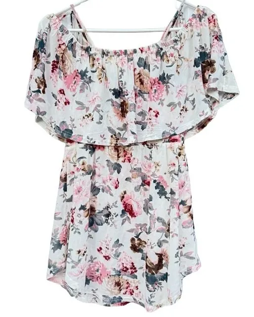 Unbranded Floral Off-Shoulder Top Size S Pink Ivory Short Sleeve Ruffle