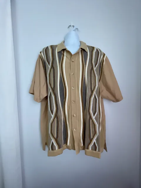 Stacy Adams Men's Tan Geometric Knit Short Sleeve Button-Up Shirt Size 2XL