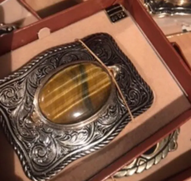 Western Belt Buckle Tiger Eye Stone Silver Tone