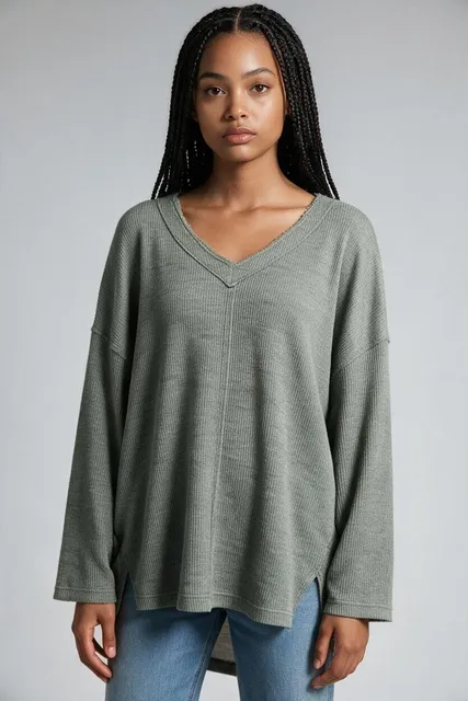 Free People Thermal Top Size M Green Oversized V-Neck