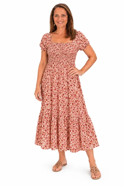 Indigo Rose Floral Smocked Midi Dress Size M Red White Cotton Puff Sleeve