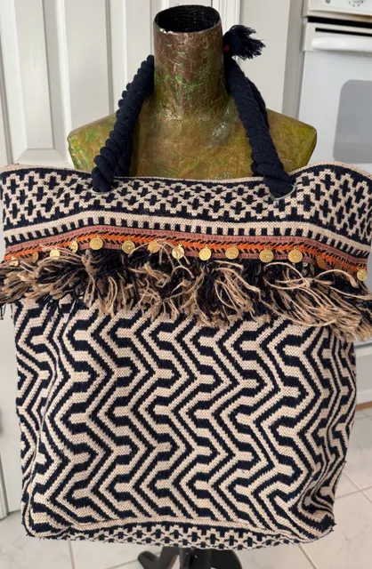 Malini Woven Chevron Fringe Coin Tote Bag Navy Black Cream