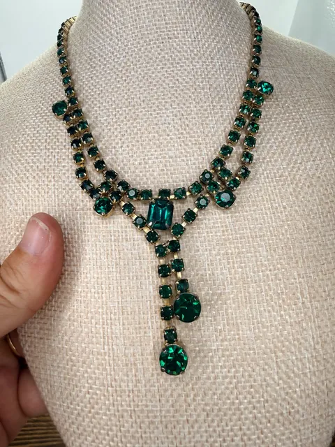 Vintage Green Rhinestone Y-Drop Statement Necklace
