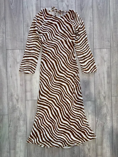Ownley Long Sleeve Midi Dress Size S Brown White Animal Print Open Back