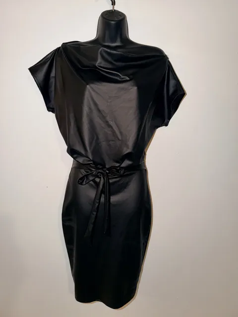 Faux Leather Dress Black Cowl Neck Tie Waist