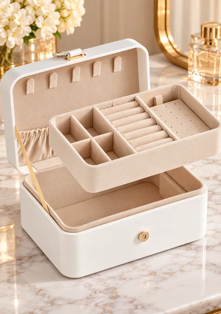 SONGMICS Travel Jewelry Box 6.3 Inch White PU Leather Organizer