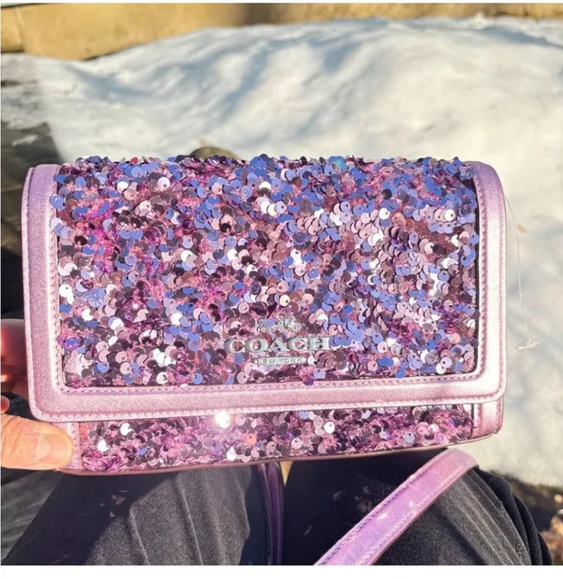 Coach sequined purple/lilac Flap Clutch Crossbody NWT