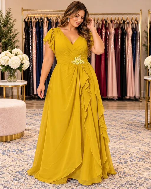 Mustard Yellow Chiffon Ruffle V-Neck Plus Size Formal Evening Gown Size 16
