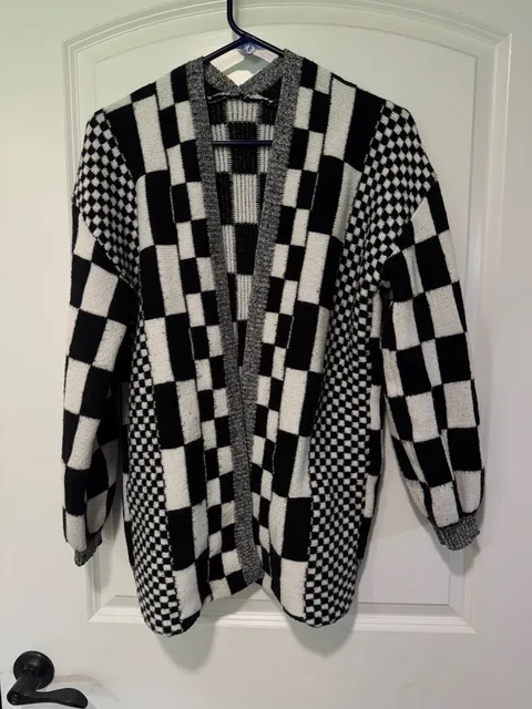 Black White Checkered Open Front Cardigan Y2K Indie Streetwear Size S