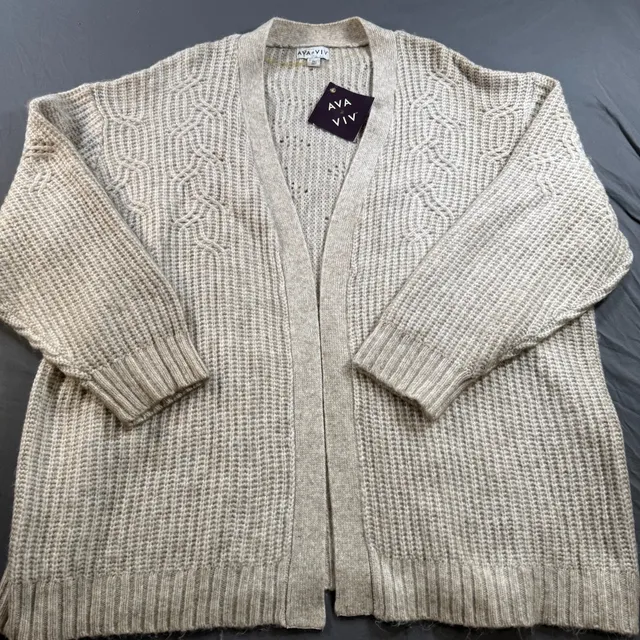 Ava & Viv Women's 4X Beige Cable Knit Open Front Chunky Cardigan Sweater