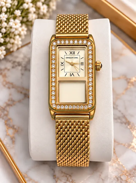 Origami Owl Gold Tone Rhinestone Mesh Watch