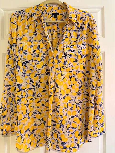 Ann Taylor Lemon Print Long Sleeve Blouse Size XL