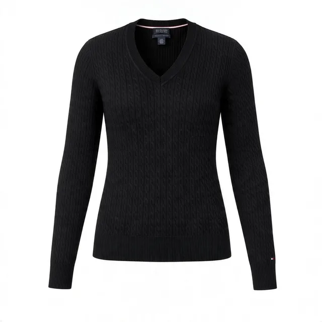 Tommy Hilfiger V-Neck Cable Knit Sweater Size L Black Pima Cotton