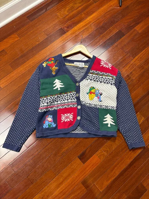 Vintage Disney Store Winnie the Pooh Christmas Cardigan Sweater womens XL