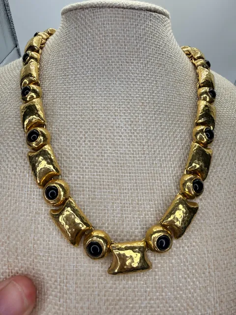 Monet Vintage Gold Tone Textured Link Black Cabochon Necklace