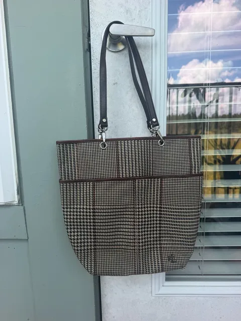 Lauren Ralph Lauren Houndstooth Tweed Tote Bag Brown Leather