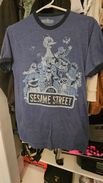 Sesame Street T-Shirt Small Blue Ringer Tee Big Bird Elmo Cookie Monster 2010