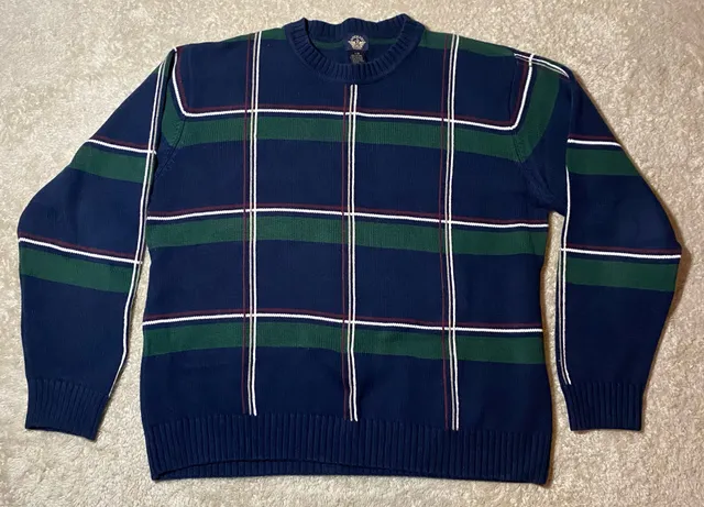 90s Vintage Dockers Windowpane Plaid Cotton Sweater Size L Navy Green Crewneck