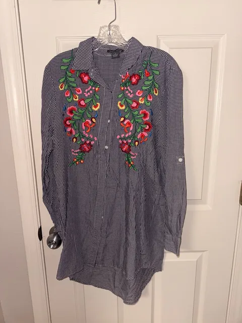 Chelsea & Theodore Floral Embroidered Gingham Tunic Shirt