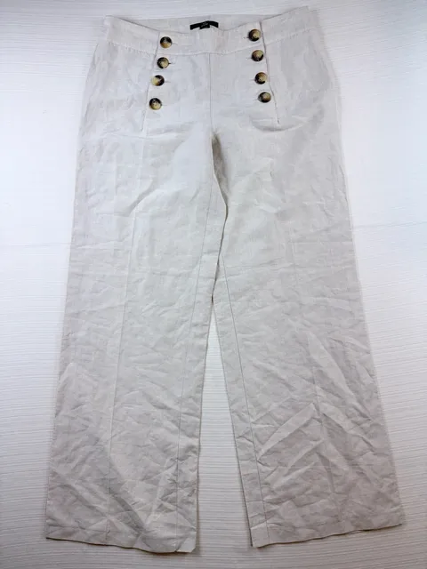 H&M Linen Blend Sailor Pants Size 12 Beige Wide Leg Button Front